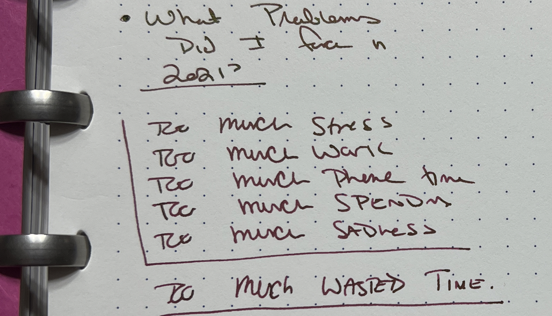 A photo of a notebook page with the text:
What Problems did I face in 2021?
Too much stress
Too much work
Too much phone time
Too much spending
Too much sadness
Too much wasted time