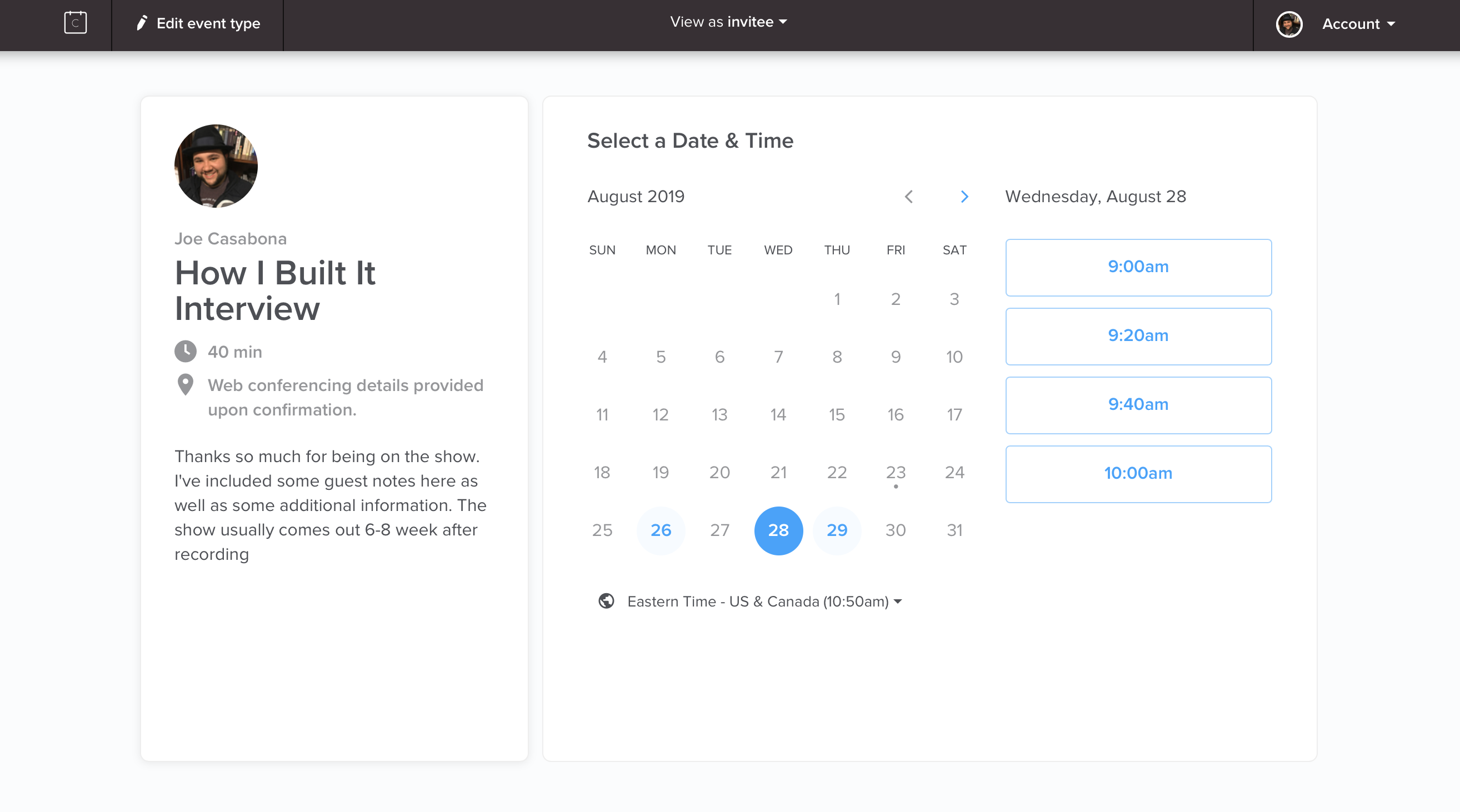 Screenshot of Calendly