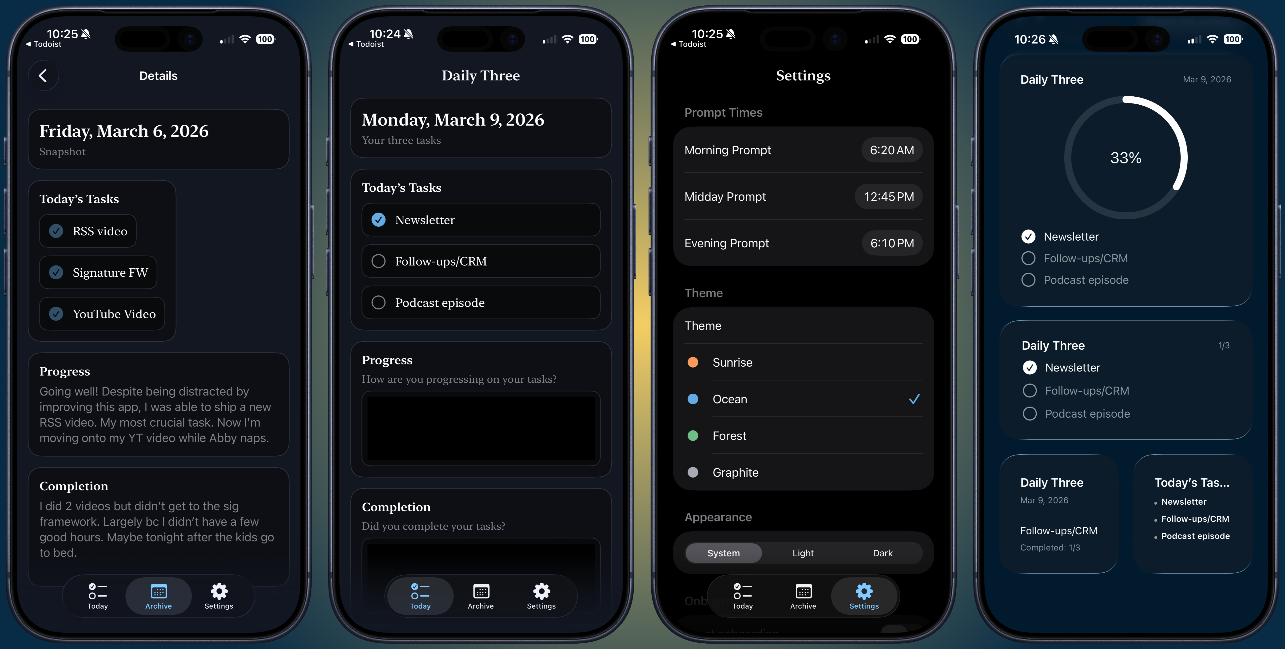 Daily 3 Task Journal app screenshots
