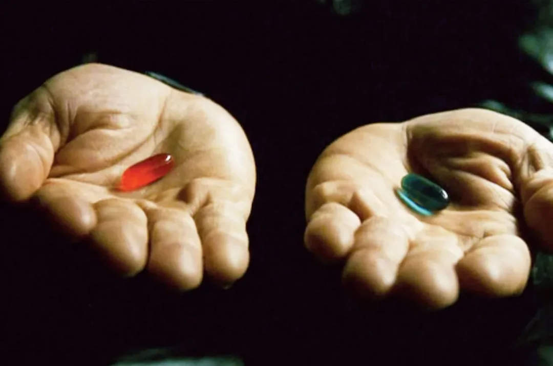 Morpheus holding the red and blue pill. Are AI Blue Pilled?