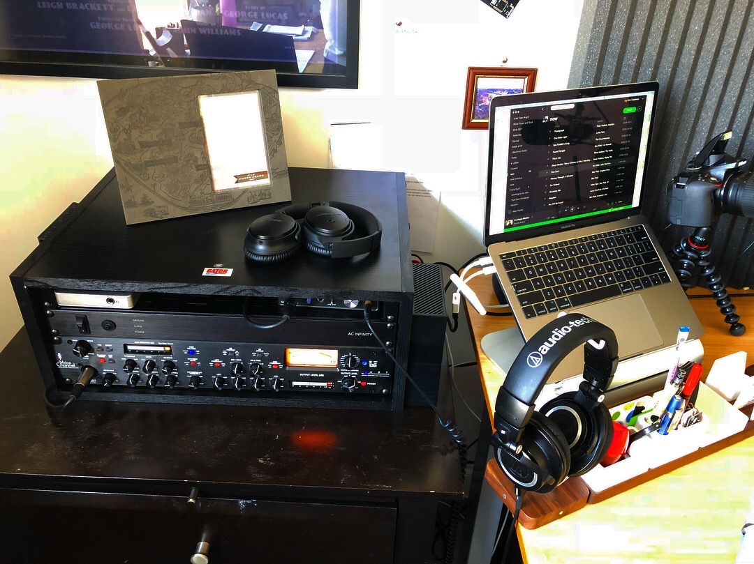Podcast Setup - Rack with Preamp, Interface, and Powerstrip