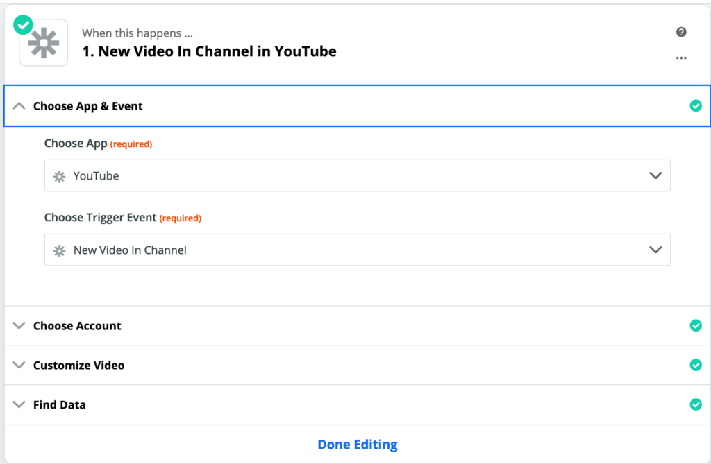 Add new video trigger in Zapier