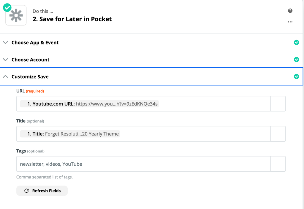 Save for Later in Pocket Action from Zapier